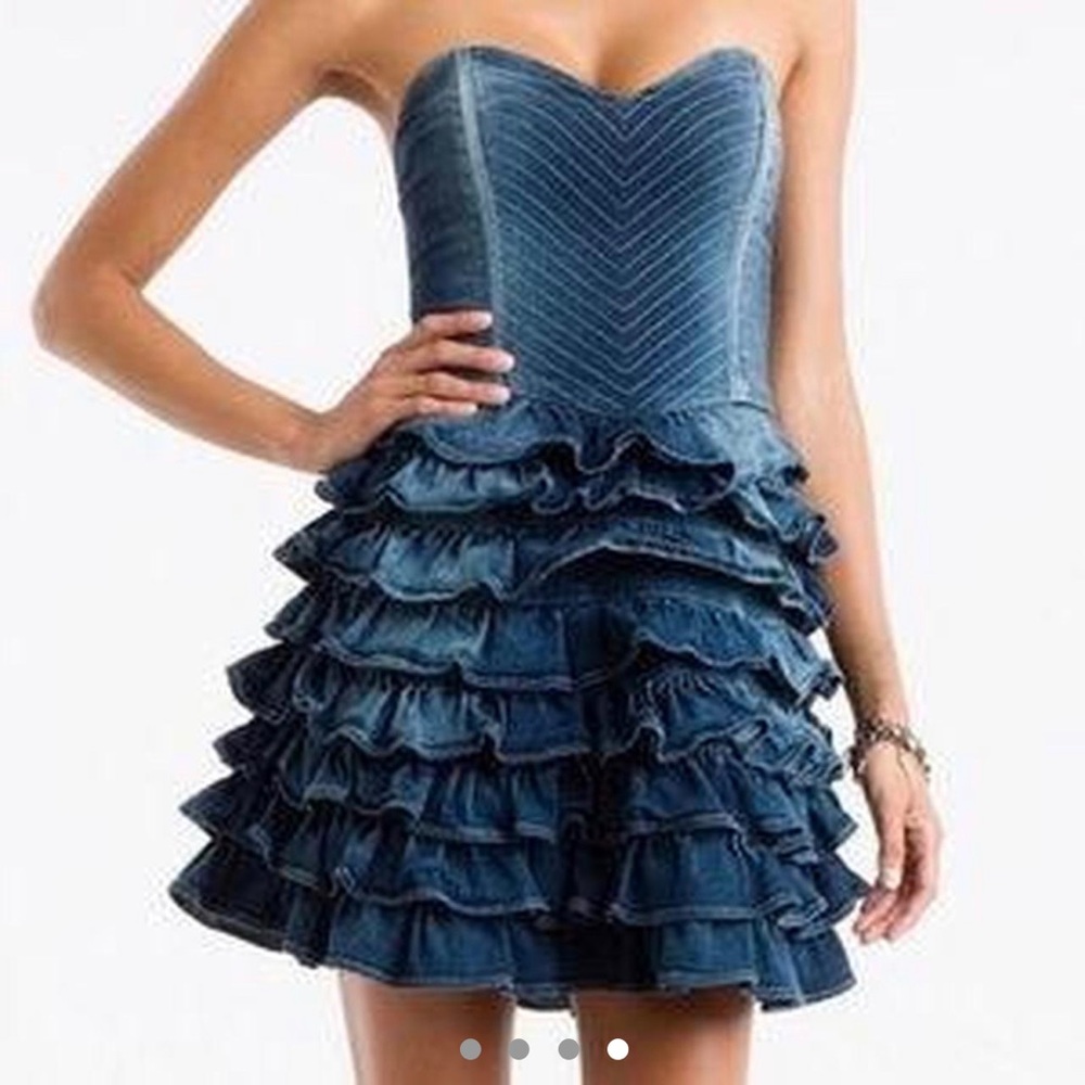 GUESS Ruffle Bustier Denim Dress - Picture 3 of 5